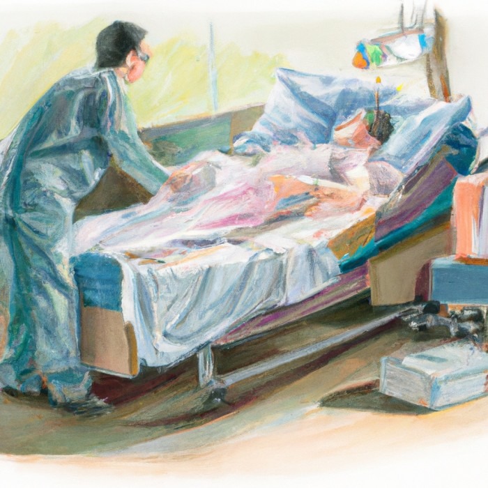 AI painting of a doctor tending to a patient in a hospital bed.