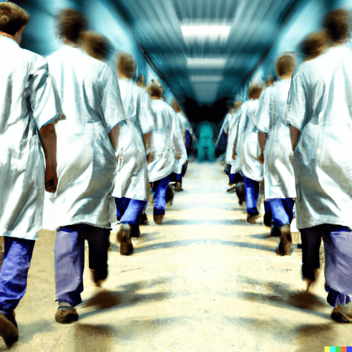 Many doctors leaving the hospital in a row.