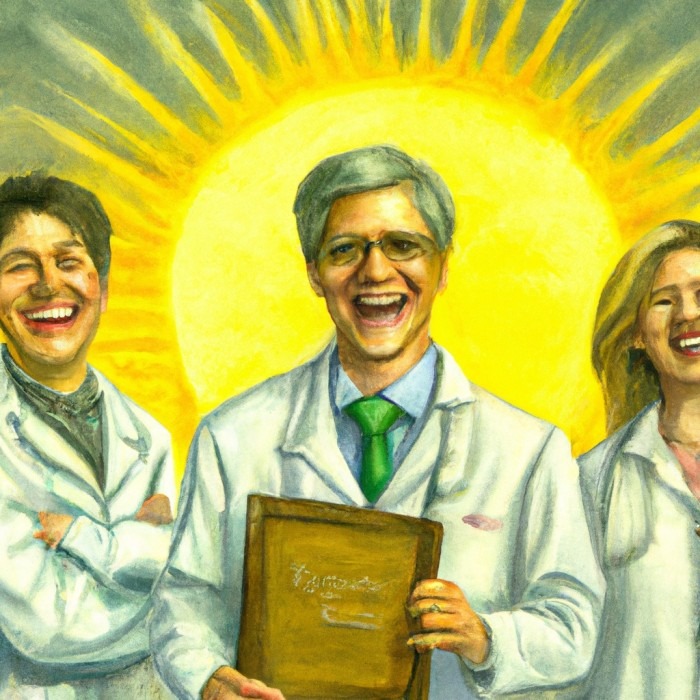 Three happy and smiling doctors.