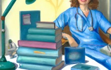 Doctor sitting behind a desk with several books on it.