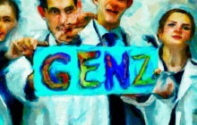 AI image of doctors with a Gen Z sign in front.